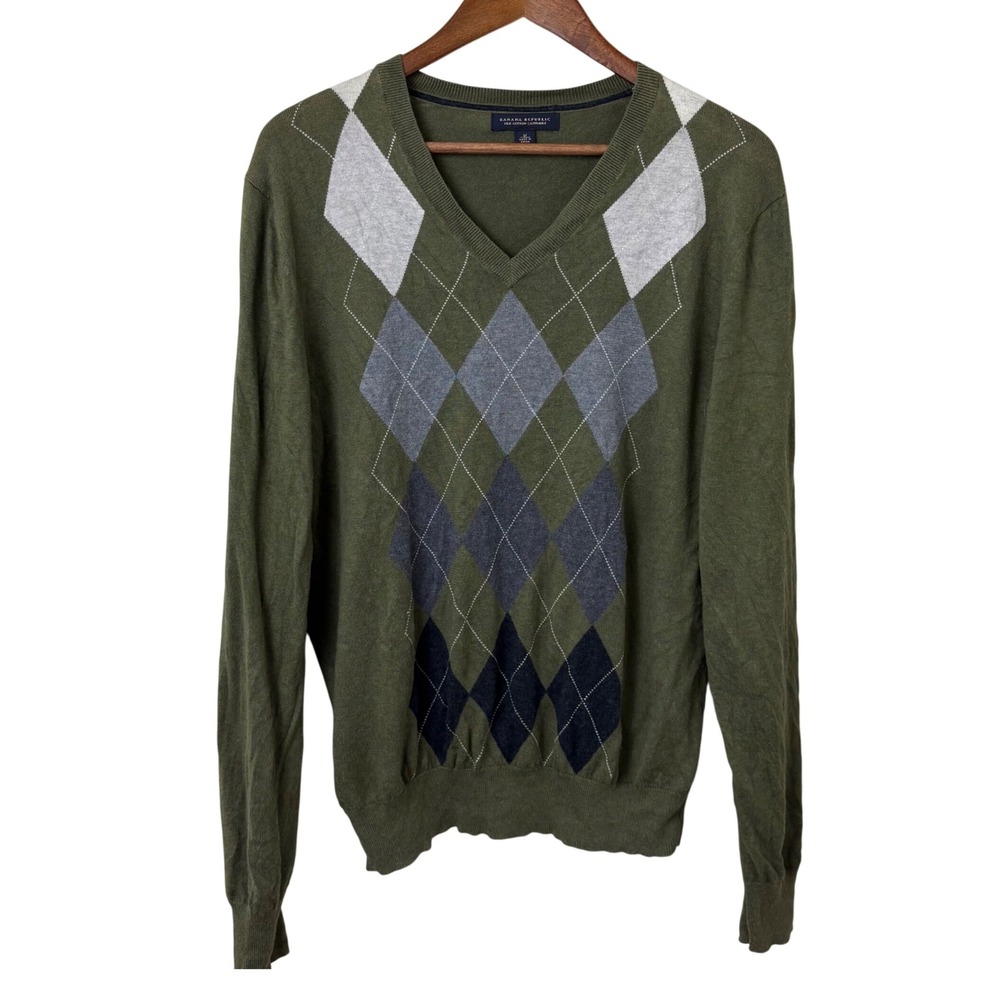 Banana Republic Sweater Mens M Silk Cashmere‎ Cotton Argyle 2010s Preppy Green